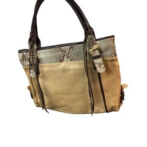 Marco Buggiani Tote Bag Women Lg Tan Fair Snakeskin Trim Leather Made in Italy